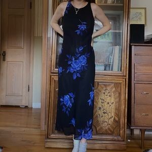 Vintage black ankle length dress w/ blue flowers🦋